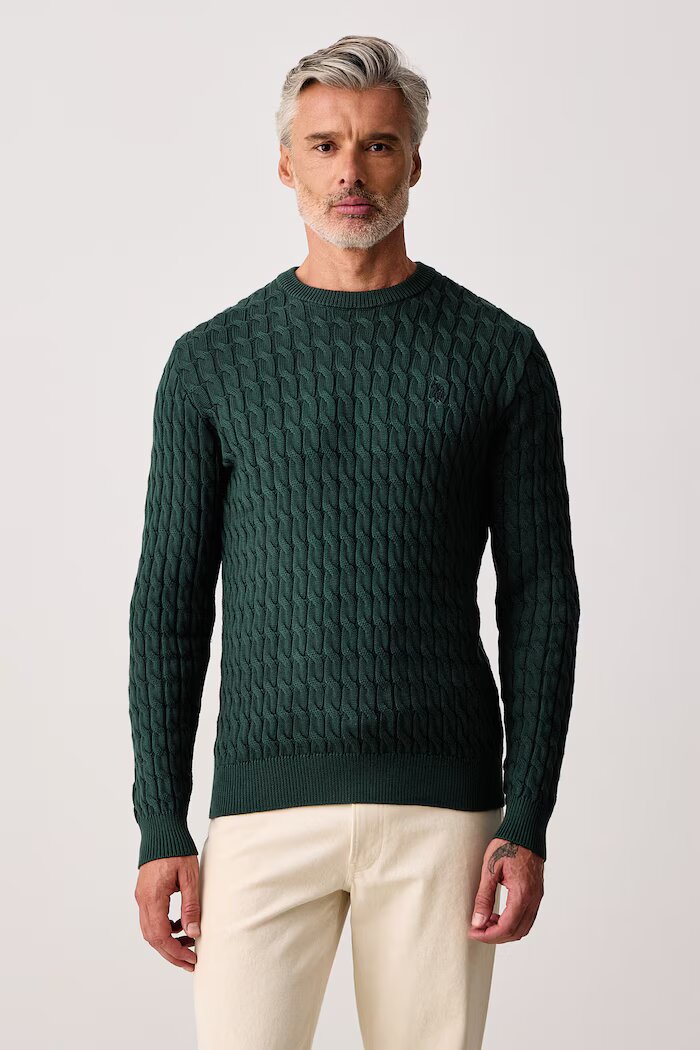 U.S. Polo Assn. пуловер мъжки от памук CLASSIC COTTON CABLE KNIT CREW зелен MUP5410
