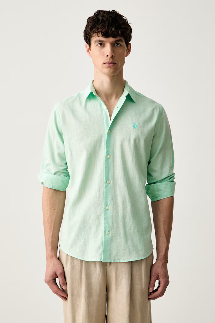 U.S. Polo Assn. сафари риза мъжка с лен LINEN BLEND LS зелена MUP3248