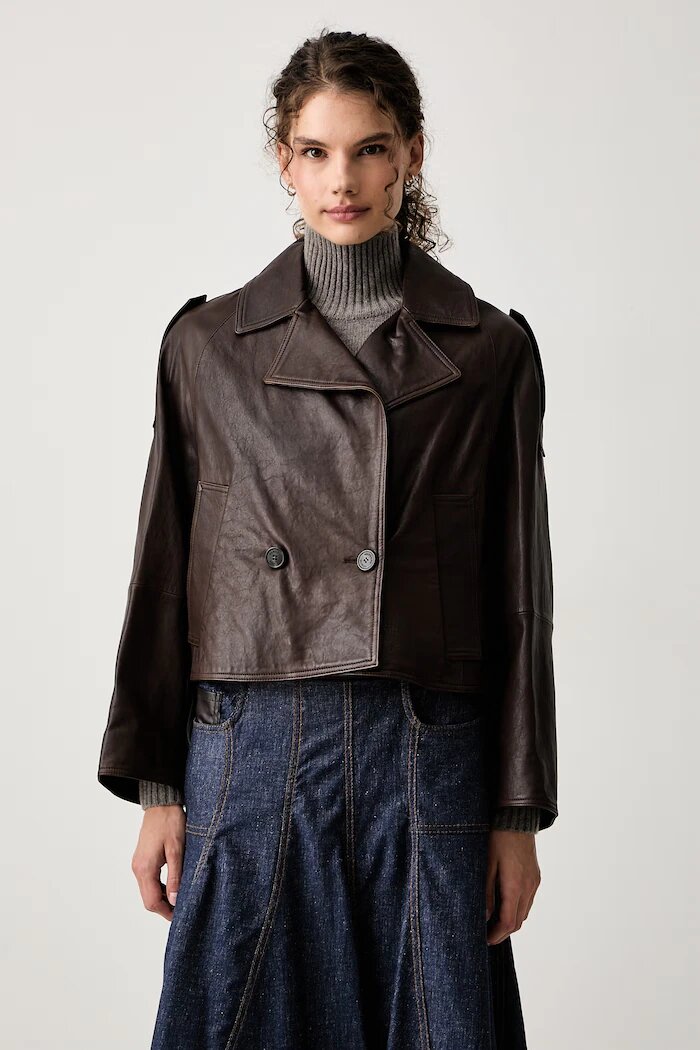 Weekend Max Mara къс шлифер дамски от кожа WKDFELINO кафяв 2625446051600
