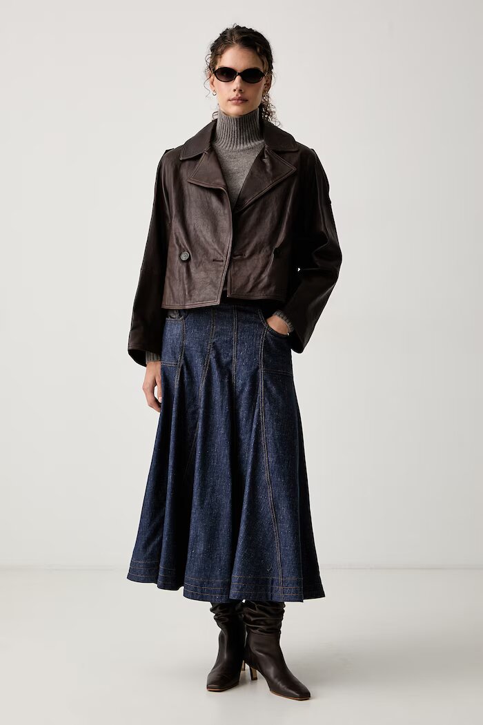 Weekend Max Mara къс шлифер дамски от кожа WKDFELINO кафяв 2625446051600