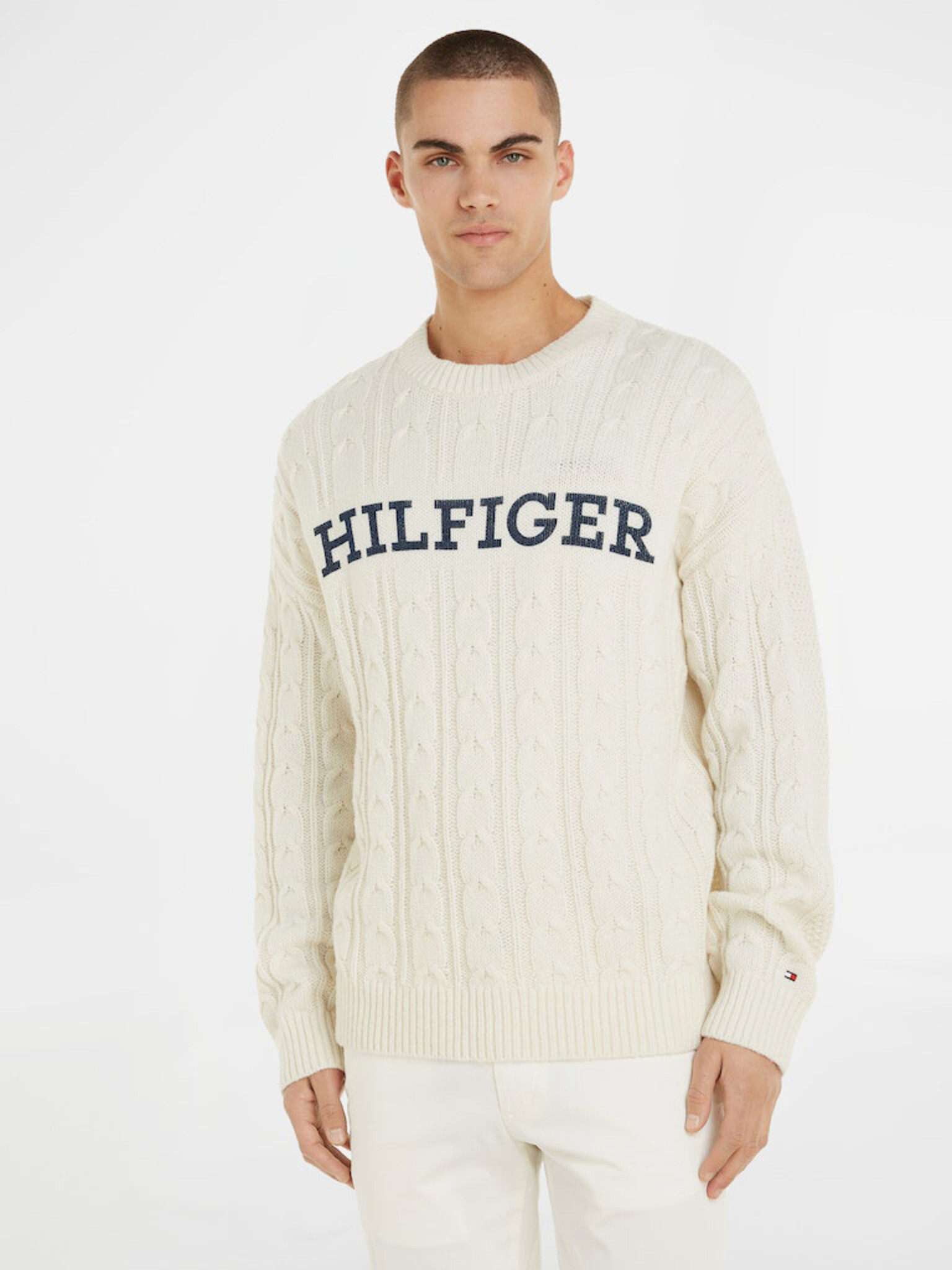 Tommy Hilfiger Cable Monotype Crew Neck Пуловер Byal - Pepit.bg