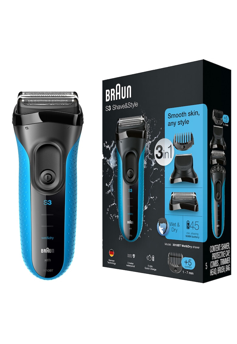 Braun Самобръсначка 3010BT Proskin Shave&Style Wet&Dry 3 в 1 5 аксесоара Черна/Синя - Pepit.bg