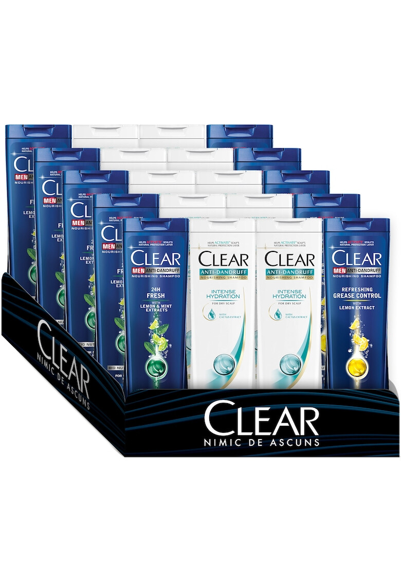 Clear Комплект Men & Women Шампоан x 22 бр: 8 x Women Shampoo Intense Hydration 400 мл 7 x Men Shampoo 24H Fresh 400 мл 7 x Men Shampoo Refreshing Grease Control 400 мл - Pepit.bg