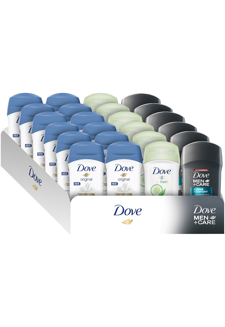 Dove Комплект & Men+Care Дезодорант Stick x 24 бр: 12 x Stick Original 40 мл 6 x Stick Fresh Touch 40 мл 6 x Men+Care Stick Clean Comfort 50 мл - Pepit.bg