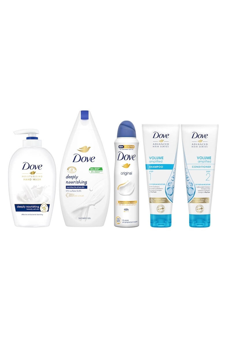 Dove Комплект течен сапун 250 мл + Душ гел 500 мл + Оригинален део спрей 150 мл + Хидратиращ шампоан Oxygen 250 мл + Хидратиращ кислороден балсам 250 мл - Pepit.bg