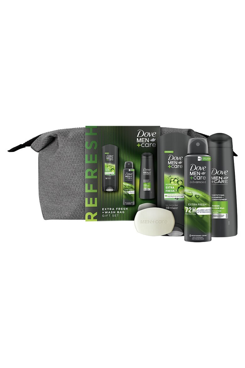 Dove Подаръчен комплект Men+Care Extra Fresh premium: Душ гел Men+Care Extra Fresh 250 мл + Дезодорант Men+Care Extra Fresh 150 мл + Шампоан Men+Care Fresh Clean + Сапун Men+Care Extra Fresh 90 гр + Несесер - Pepit.bg