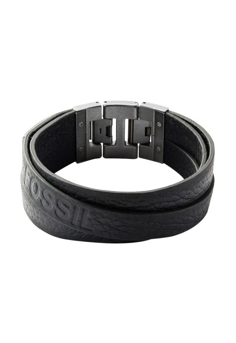 Fossil Черна кожена гривна с лого - Pepit.bg
