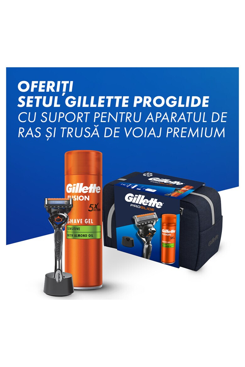 Gillette Комплект Proglide: Самобръсначка + Гел за бръснене Fusion Ultra Sensitive - 200 мл + Поставка за бръснач + Чанта за пътуване - Pepit.bg