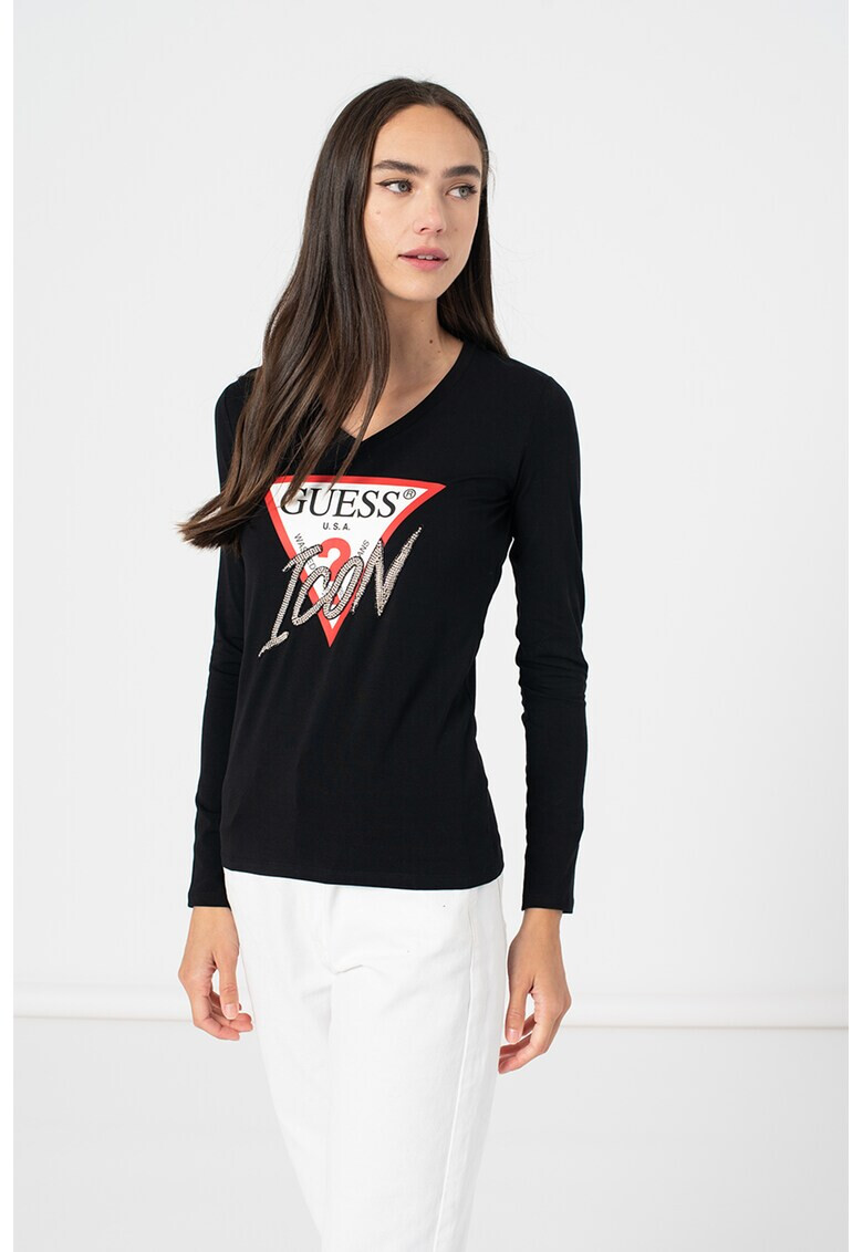 GUESS JEANS Блуза на лога с шпиц деколте - Pepit.bg