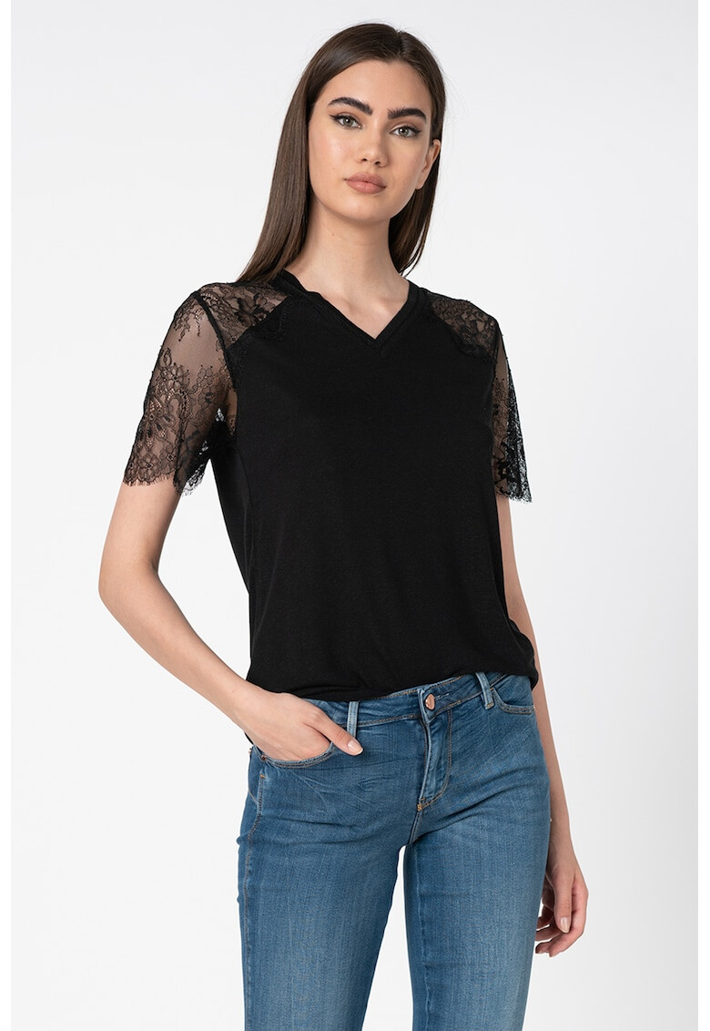 GUESS JEANS Блуза с лен и дантела - Pepit.bg