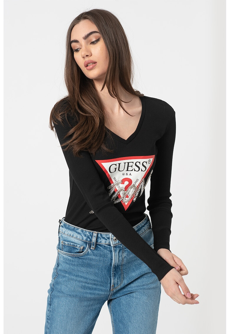 GUESS JEANS Блуза с щпиц деколте - Pepit.bg