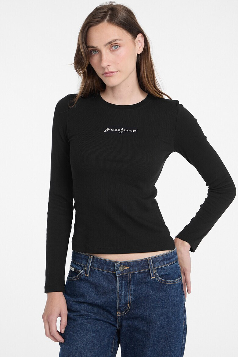 GUESS JEANS Рипсена слим блуза с лого - Pepit.bg