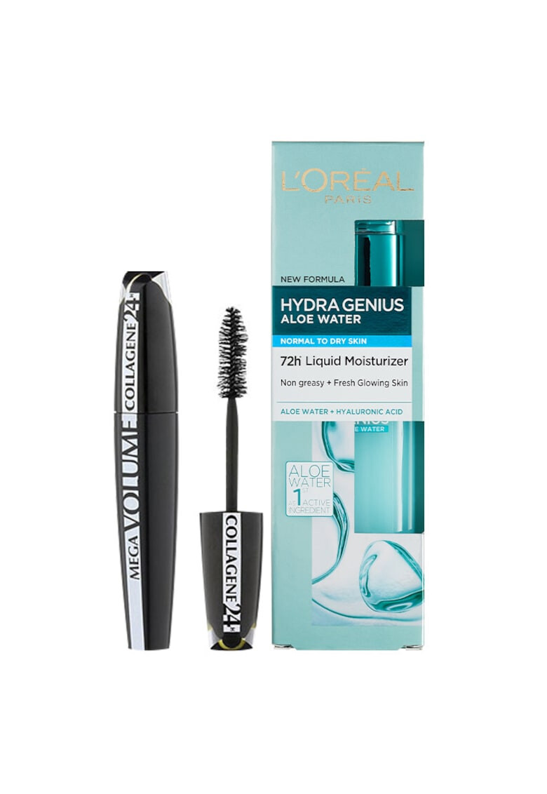 L'Oreal Paris Комплект : Дневен крем флуид Hydra Genius за нормална-суха кожа 70 мл + Спирала за мигли Mega Volume Collagene 24H Black 9 мл - Pepit.bg