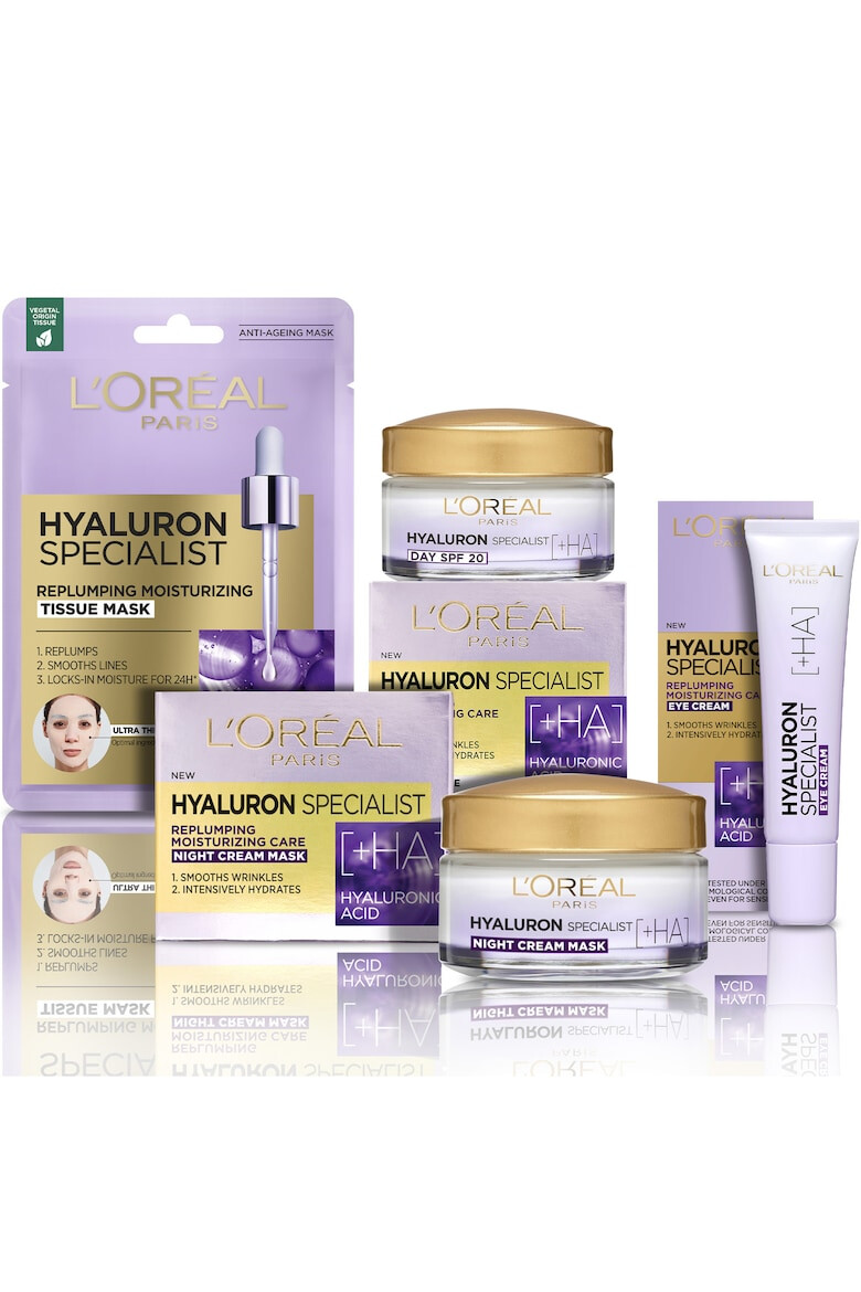 LOreal Paris Комплект грижа за кожата Hyaluron Specialist: Дневен хидратиращ крем за обем на кожата 50 мл + Нощен хидратиращ крем за обем на кожата 50 мл + Околоочен крем против бръчки 15 мл + Хидратираща салфетна маска 30 г - Pepit.bg