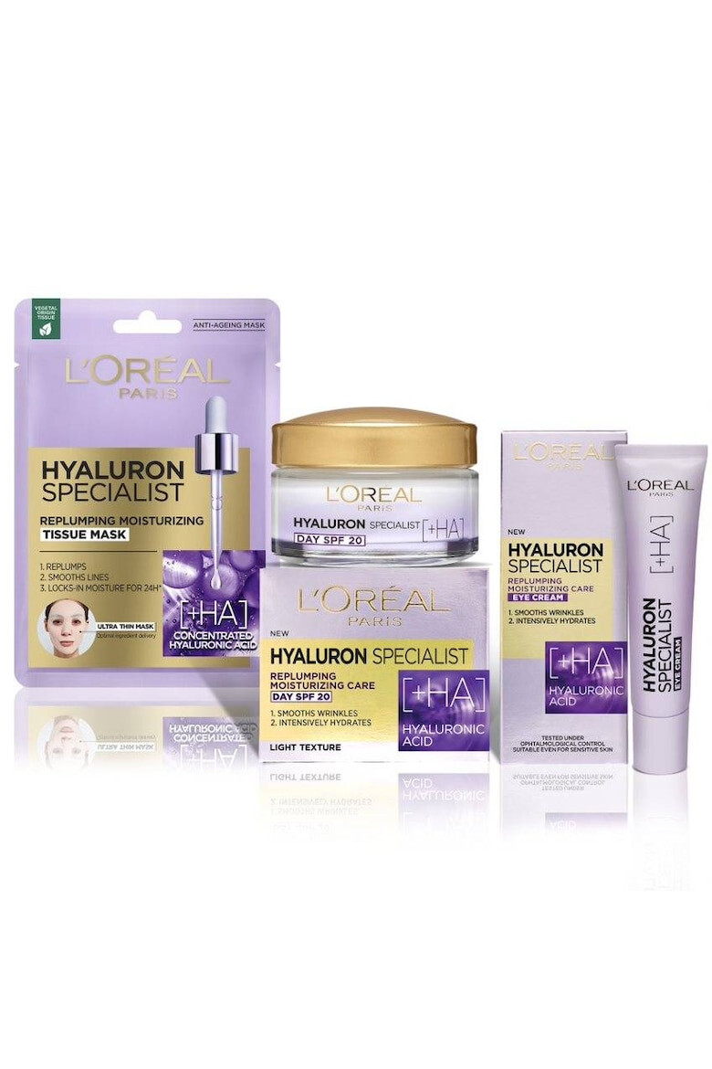 LOreal Paris Комплект грижа за кожата Hyaluron Specialist: Дневен хидратиращ крем за обем на кожата 50 мл + Нощен хидратиращ крем за обем на кожата 50 мл + Околоочен крем против бръчки 15 мл + Хидратираща салфетна маска 30 г - Pepit.bg