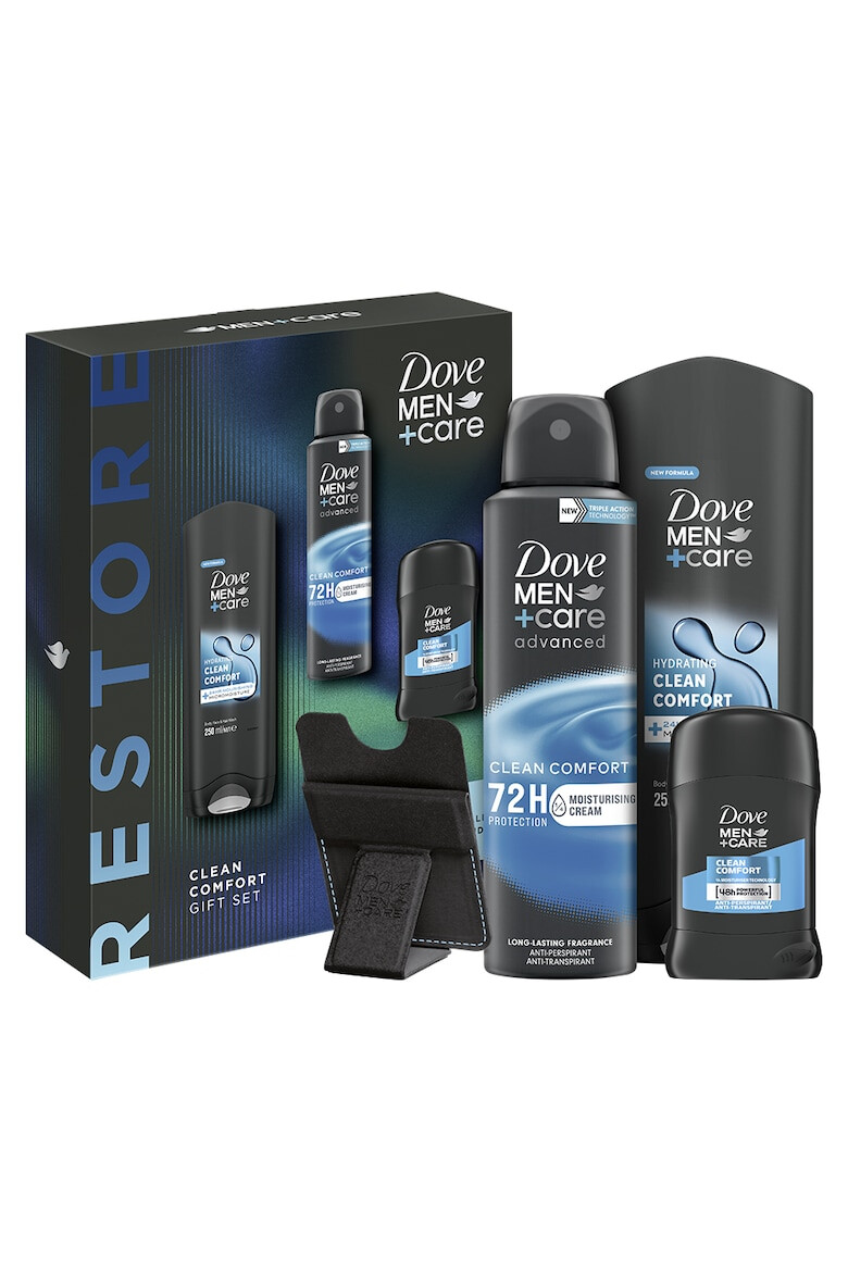 Dove Подаръчен комплект Men+Care Clean Comfort: Душ гел Men+Care Clean Comfort 250 мл + Дезодорант спрей Men+Care Clean Comfort 150 мл + Дезодорант стик Men+Care Clean Comfort + Калъф за телефон - Pepit.bg