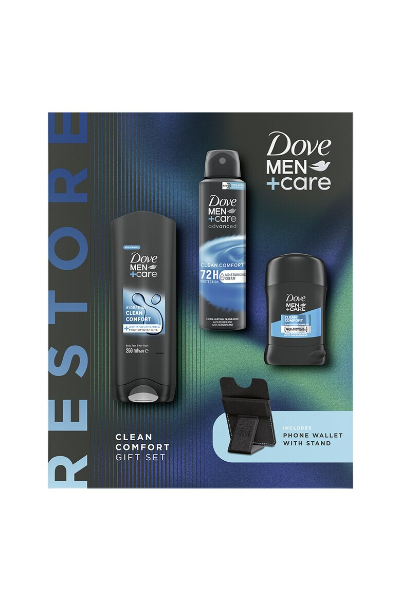 Dove Подаръчен комплект Men+Care Clean Comfort: Душ гел Men+Care Clean Comfort 250 мл + Дезодорант спрей Men+Care Clean Comfort 150 мл + Дезодорант стик Men+Care Clean Comfort + Калъф за телефон - Pepit.bg