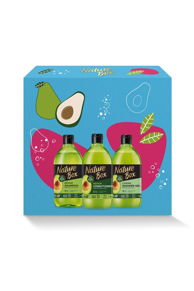 Nature Box Подаръчен комплект Avocado Със студено пресовано масло: Шампоан 385 мл + Балсам 385 мл + Душ гел 385 мл - Pepit.bg