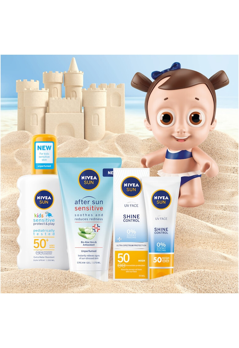 Nivea Комплект слънцезащитни продукти : Слънцезащитен спрей Kids Sensitive Protect & Play SPF 50+ 200 мл + Крем гел за след слънце After Sun Sensitive 175 мл + Слънцезащитен крем за лице UV Face Shine Control SPF 50 50 мл + Кукла Lotte - Pepit.bg