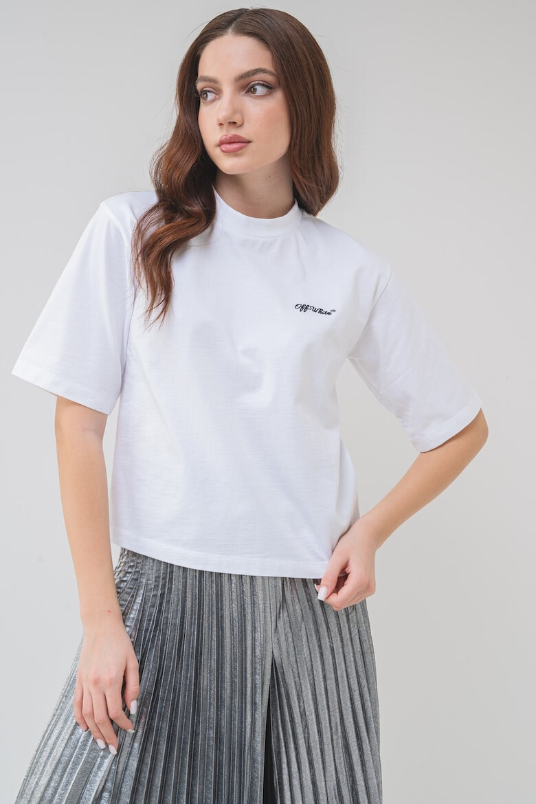 OFF-WHITE Тениска с овално деколте и бродиран надпис - Избеляло черно/Бял - Pepit.bg