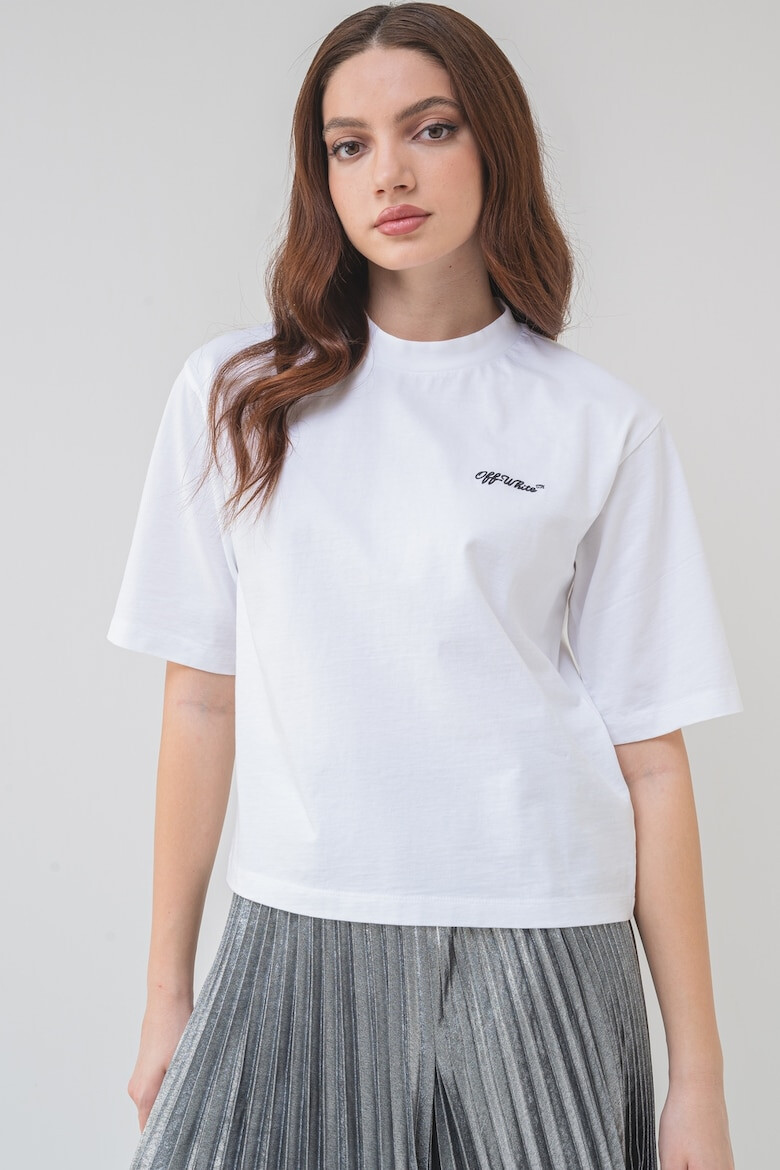 OFF-WHITE Тениска с овално деколте и бродиран надпис - Избеляло черно/Бял - Pepit.bg