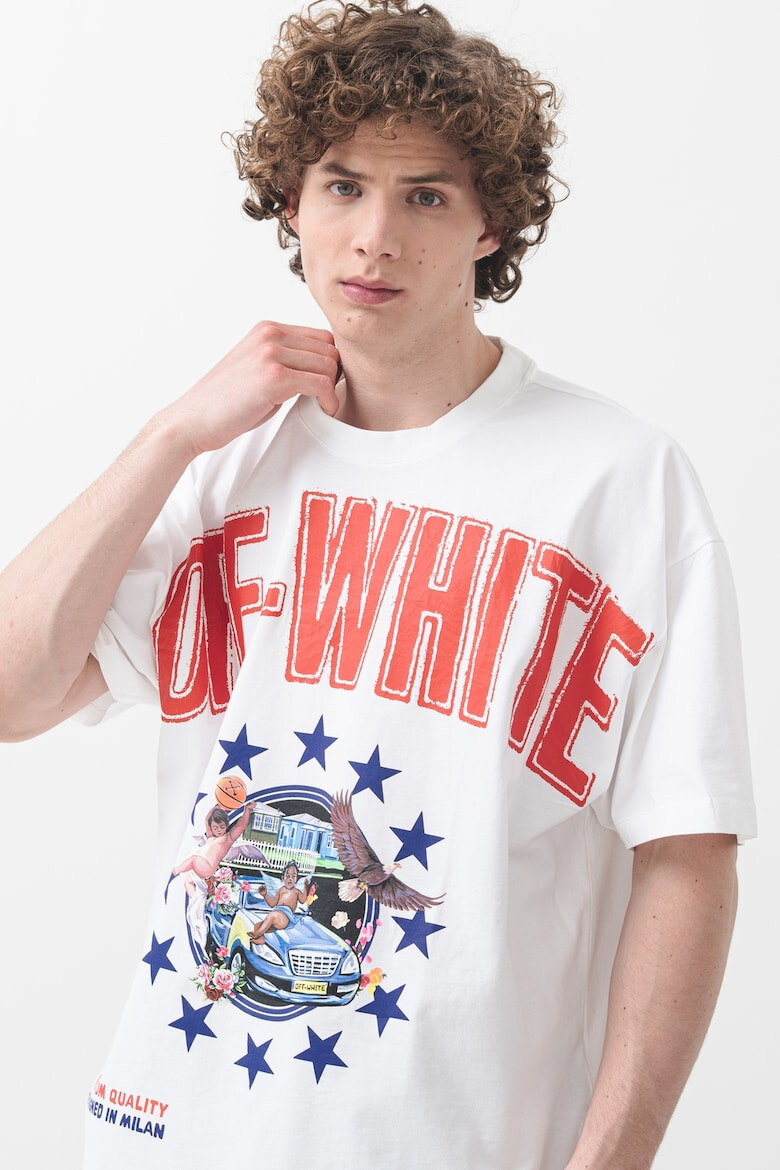OFF-WHITE Тениска с овално деколте и лого - Червен/Тъмносин/Бял - Pepit.bg