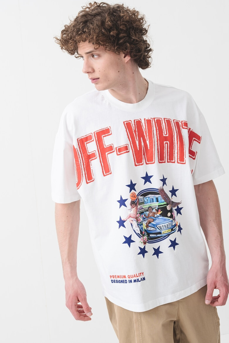 OFF-WHITE Тениска с овално деколте и лого - Червен/Тъмносин/Бял - Pepit.bg
