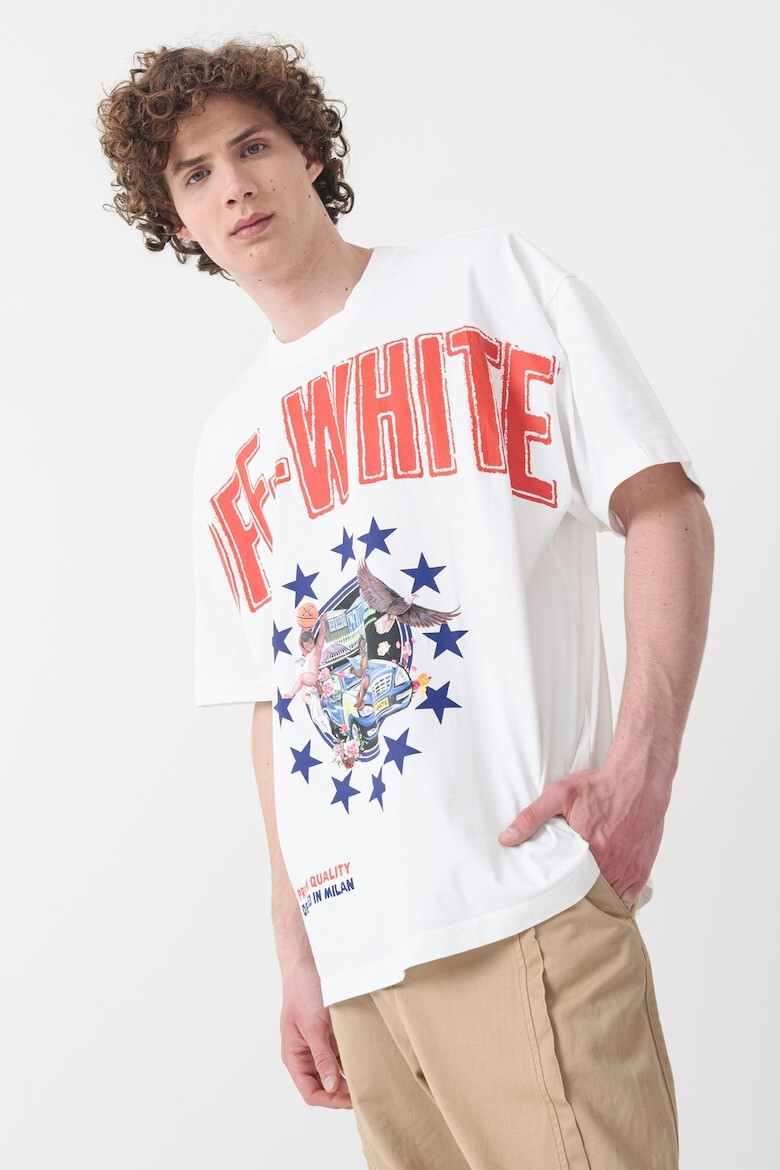 OFF-WHITE Тениска с овално деколте и лого - Червен/Тъмносин/Бял - Pepit.bg