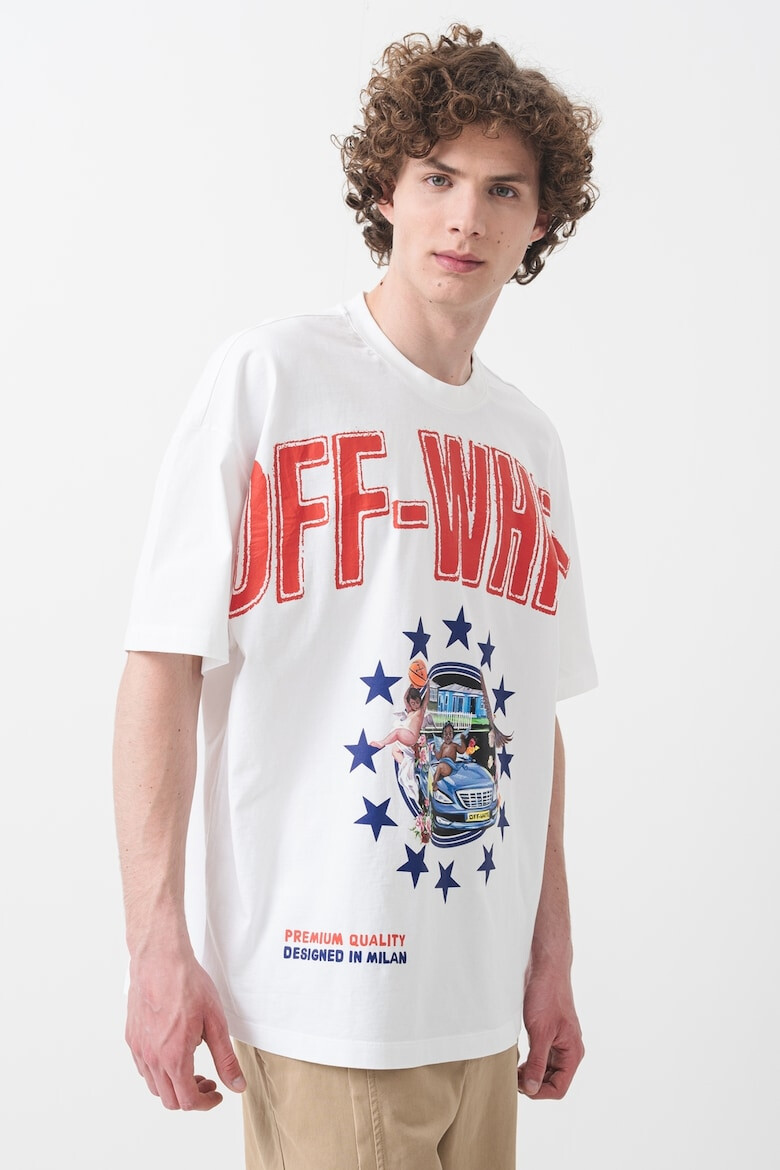 OFF-WHITE Тениска с овално деколте и лого - Червен/Тъмносин/Бял - Pepit.bg