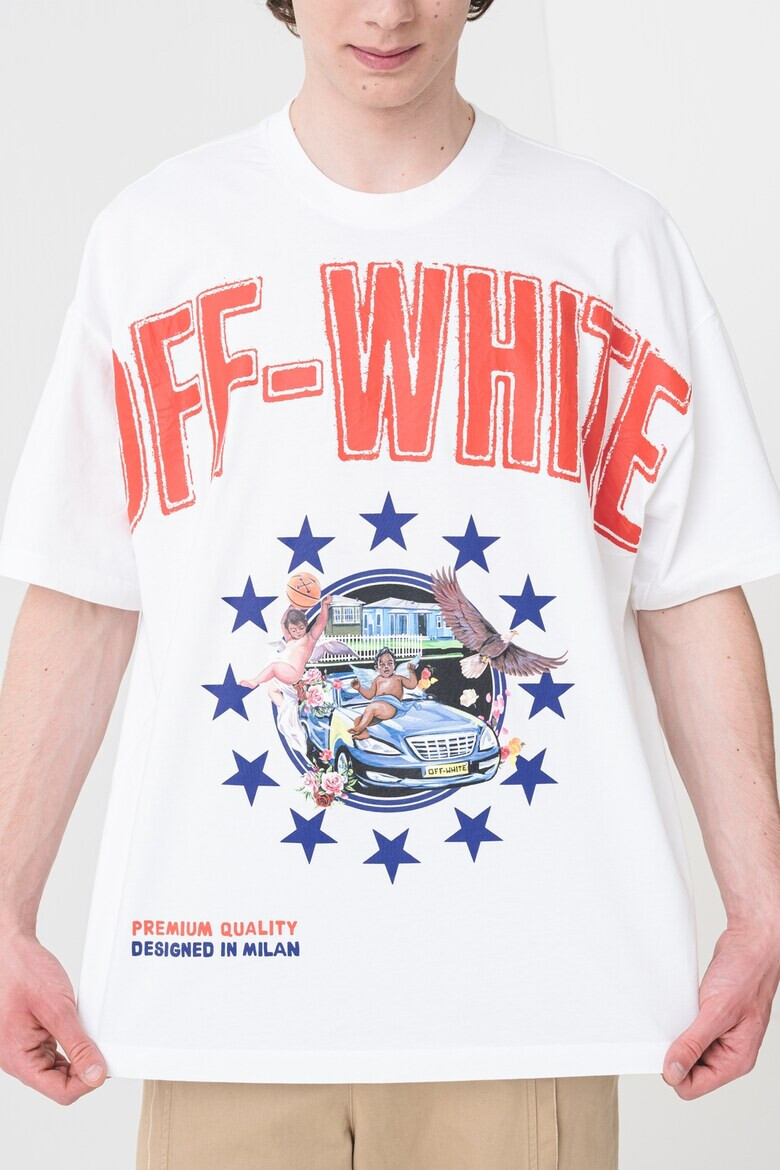 OFF-WHITE Тениска с овално деколте и лого - Червен/Тъмносин/Бял - Pepit.bg