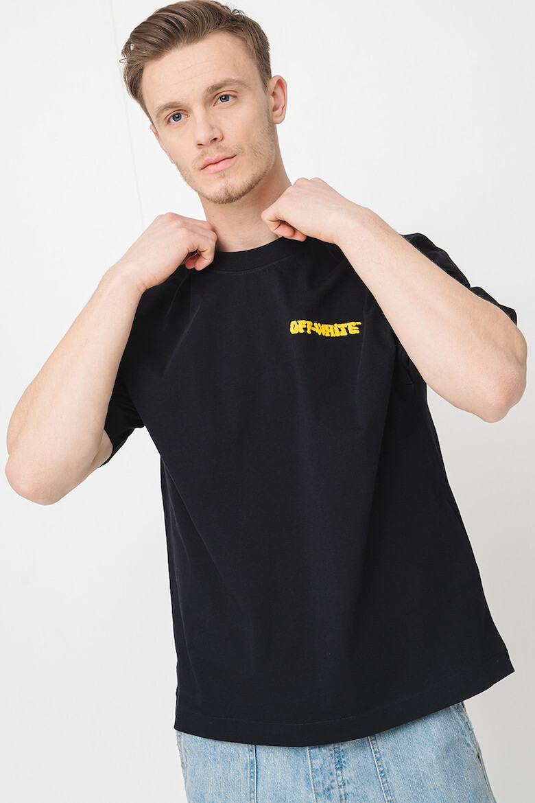 OFF-WHITE Тениска с овално деколте и надпис - Бял/Черен/Жълт - Pepit.bg