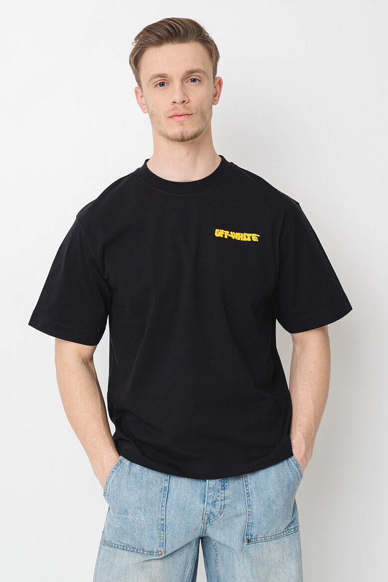 OFF-WHITE Тениска с овално деколте и надпис - Бял/Черен/Жълт - Pepit.bg