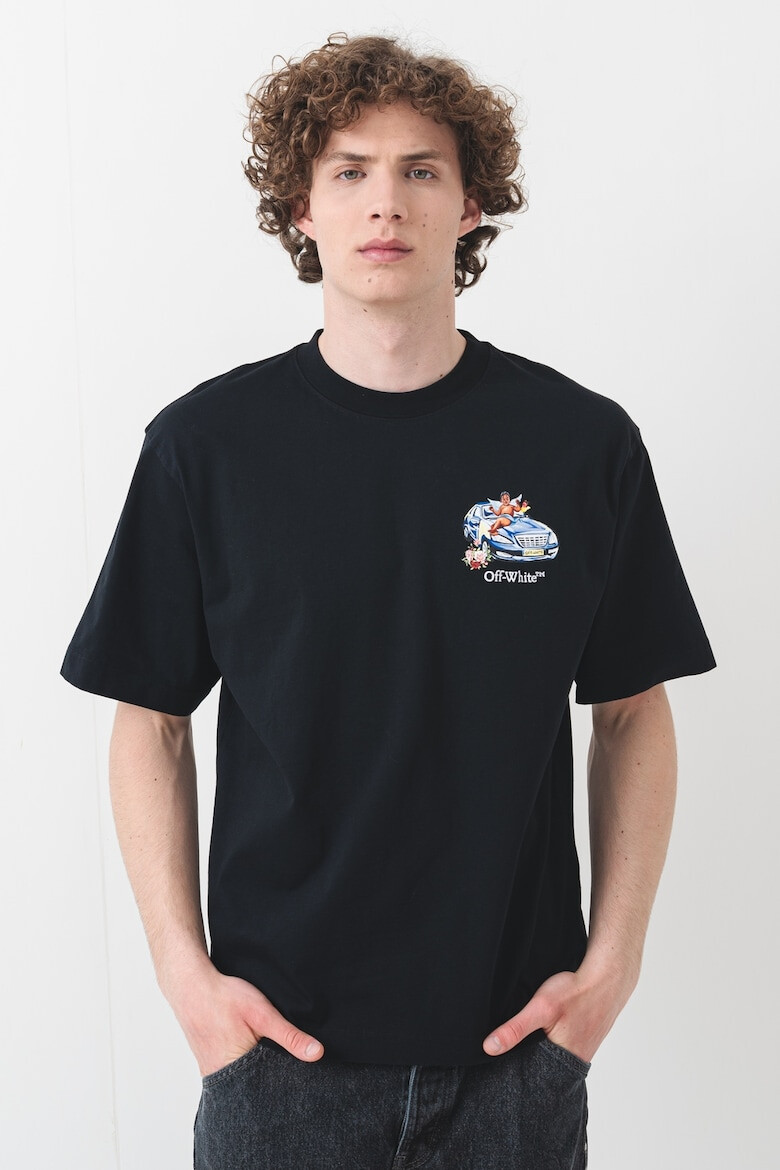 OFF-WHITE Тениска с овално деколте и принт - Пастелносин/Черен/Бял - Pepit.bg