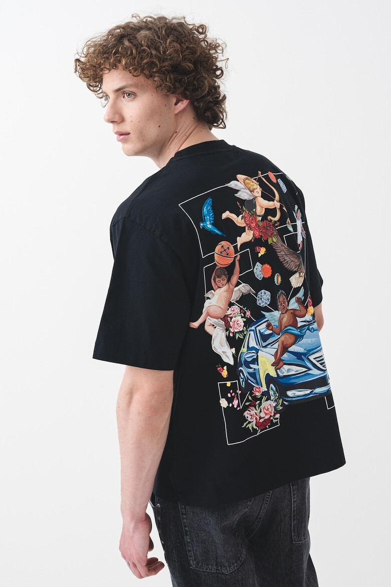 OFF-WHITE Тениска с овално деколте и принт - Пастелносин/Черен/Бял - Pepit.bg