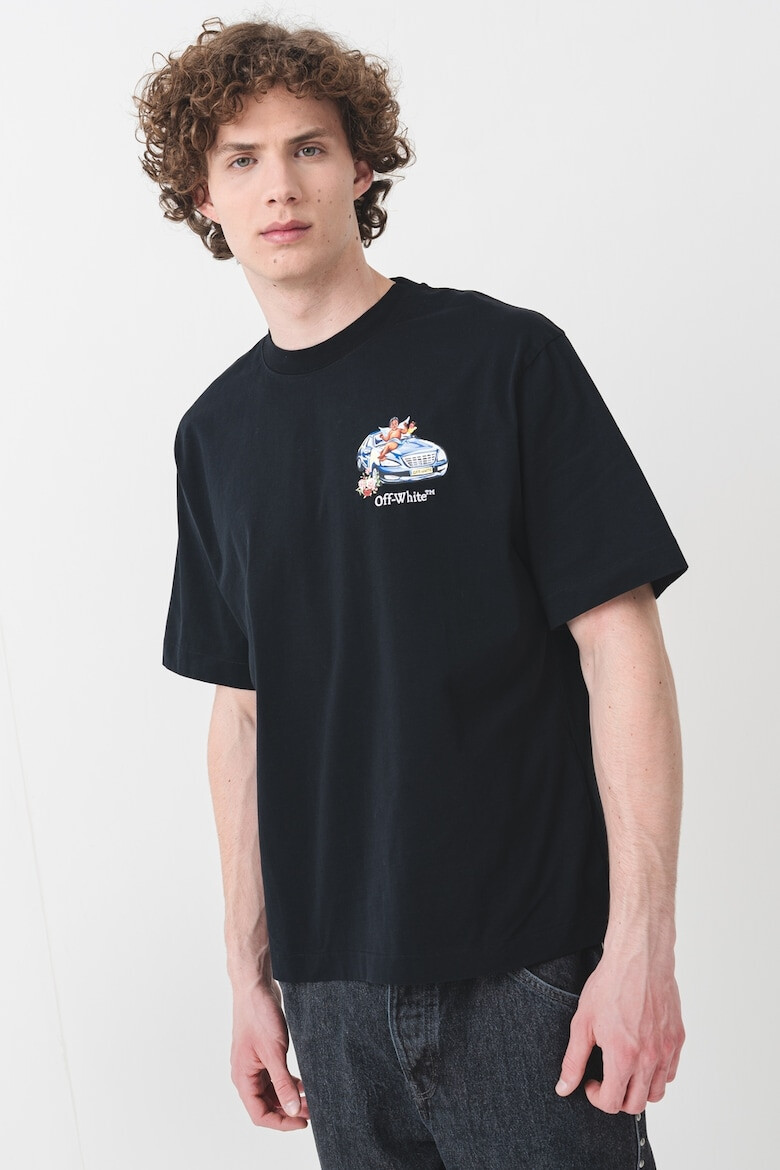 OFF-WHITE Тениска с овално деколте и принт - Пастелносин/Черен/Бял - Pepit.bg
