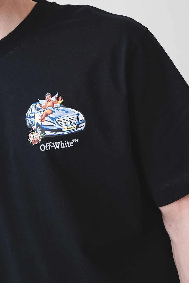 OFF-WHITE Тениска с овално деколте и принт - Пастелносин/Черен/Бял - Pepit.bg