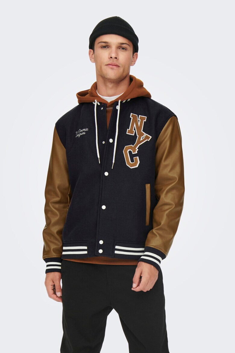 Only & Sons Яке бомбър Varsity с ръкави от еко кожа - Pepit.bg