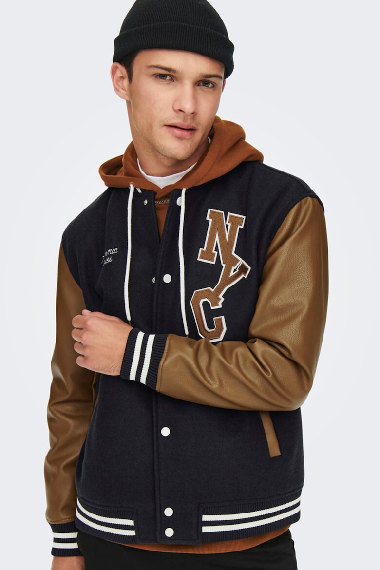 Only & Sons Яке бомбър Varsity с ръкави от еко кожа - Pepit.bg