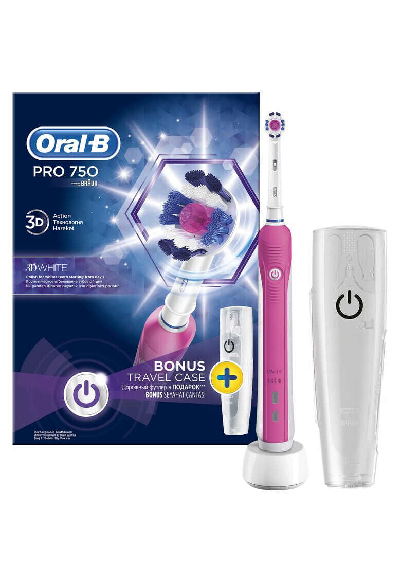 Oral-B Ел. четка за зъби PRO 750 3D White Презареждаща 1 програма 1 глава Включена поставка за път - Pepit.bg