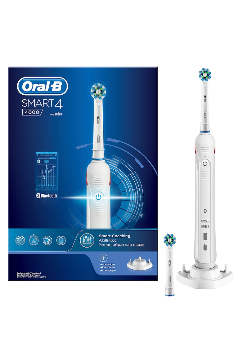 Oral-B Ел. четка за зъби Smart 4 4000 Cross Action 40000 пулсации/мин 8800 осцилации/мин 3D почистване 3 програми 2 накрайника Bluetooth Бяла - Pepit.bg