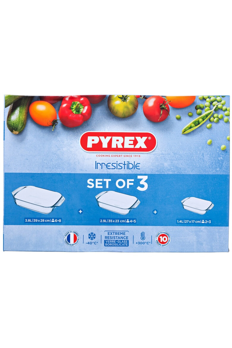 Pyrex Комплект 3 правоъгълни съда Iresistibile Термоустойчиво стъкло 2.1 л 2.9 л 3.8 л - Pepit.bg