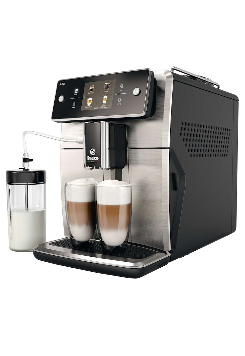 Saeco Кафеавтомат Xelsis SM7683/00 Сензорен екран с Coffee Equalizer Система Latteduo 15 опции 6 профила Керамична мелница с 12 скорости AquaClean Черен/Инокс - Pepit.bg