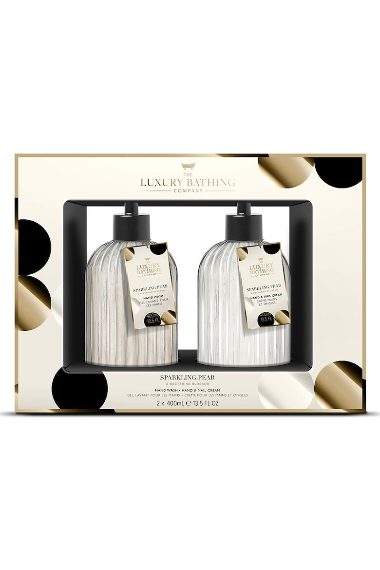 The Luxury Bathing Company Подаръчен комплект Elegance - Sparkling Pear & Nectarine Blossom - Течен сапун за ръце 400 мл - Крем за ръце и нокти 400 мл в стъклени бутилки - Pepit.bg