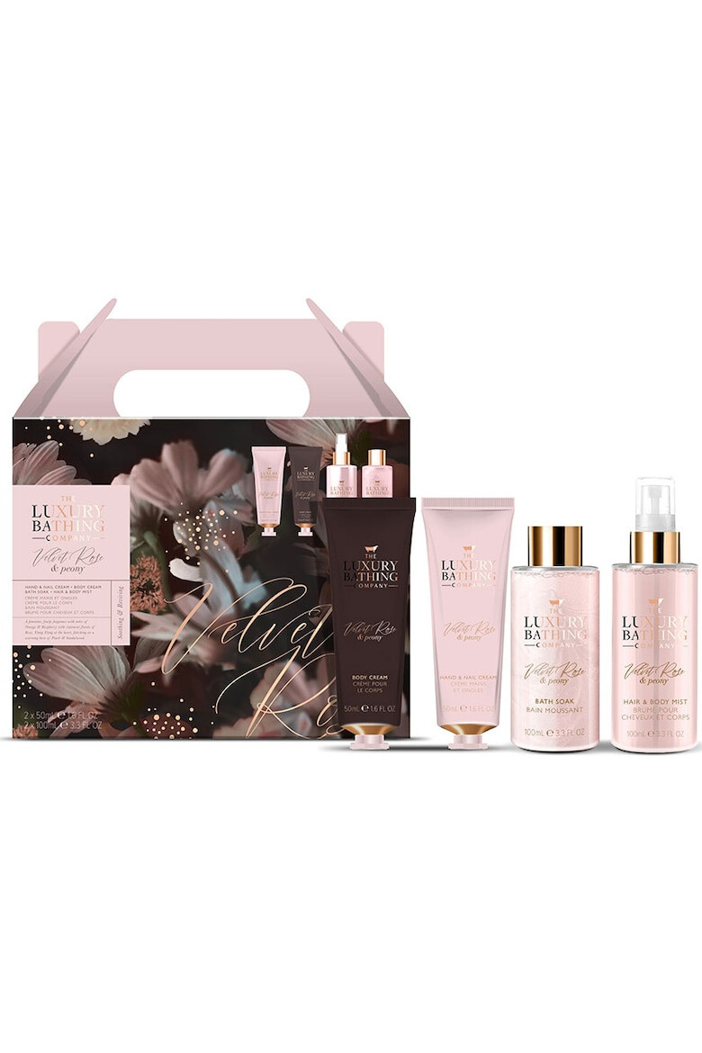 The Luxury Bathing Company Подаръчен комплект Top To Toe Essentials - Velvet Rose & Peony - Пяна за вана 100 мл - Спрей за коса и тяло 100 мл - Крем за ръце и нокти 50 мл - Крем за тяло 50 мл - Pepit.bg