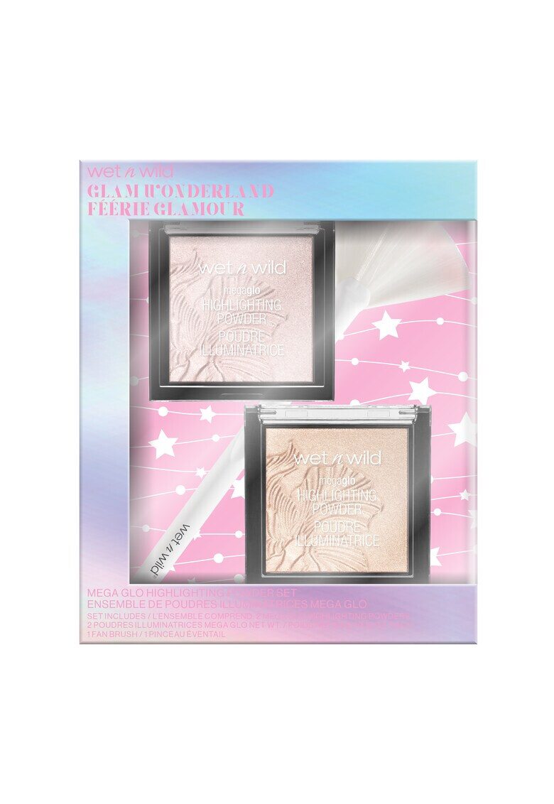 Wet n Wild Комплект грим Mega Glo Highlighting Powder: Озаряваща пудра Megaglo Blossom Glow 5.4 г + Озаряваща пудра Megaglo Golden Flower Crown 5.4 г + Четка ветрило - Pepit.bg