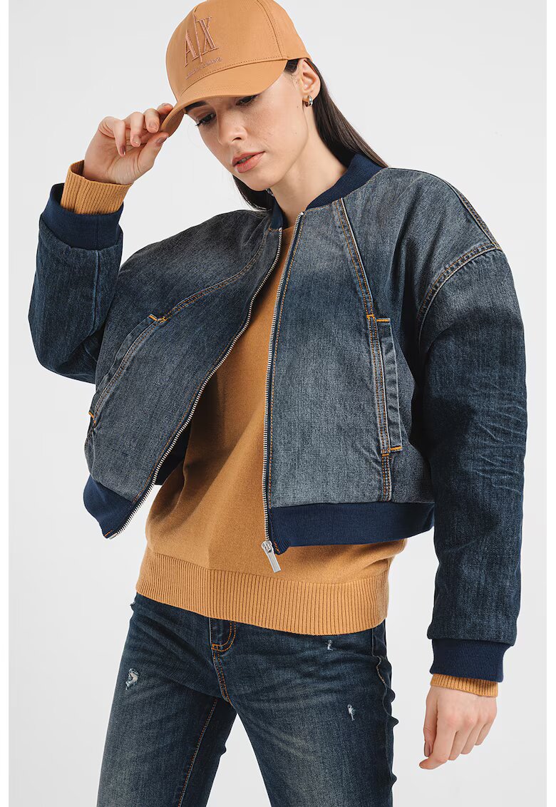 Armani Exchange Дънково яке бомбър с лого и паднали ръкави