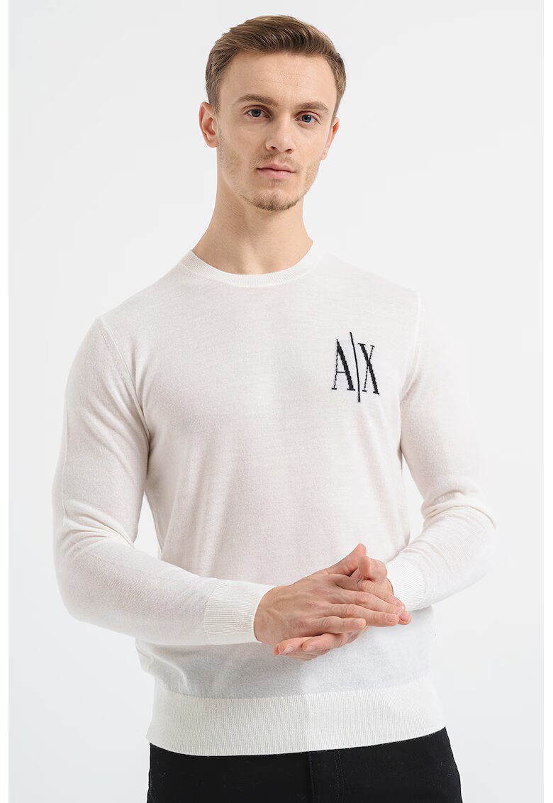 Armani Exchange Фино плетен вълнен пуловер с лого