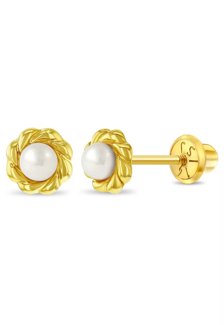Bebe Gold 14K златни сладководни култивирани перлени обеци за деца - 3 мм - здраво затваряне на винт