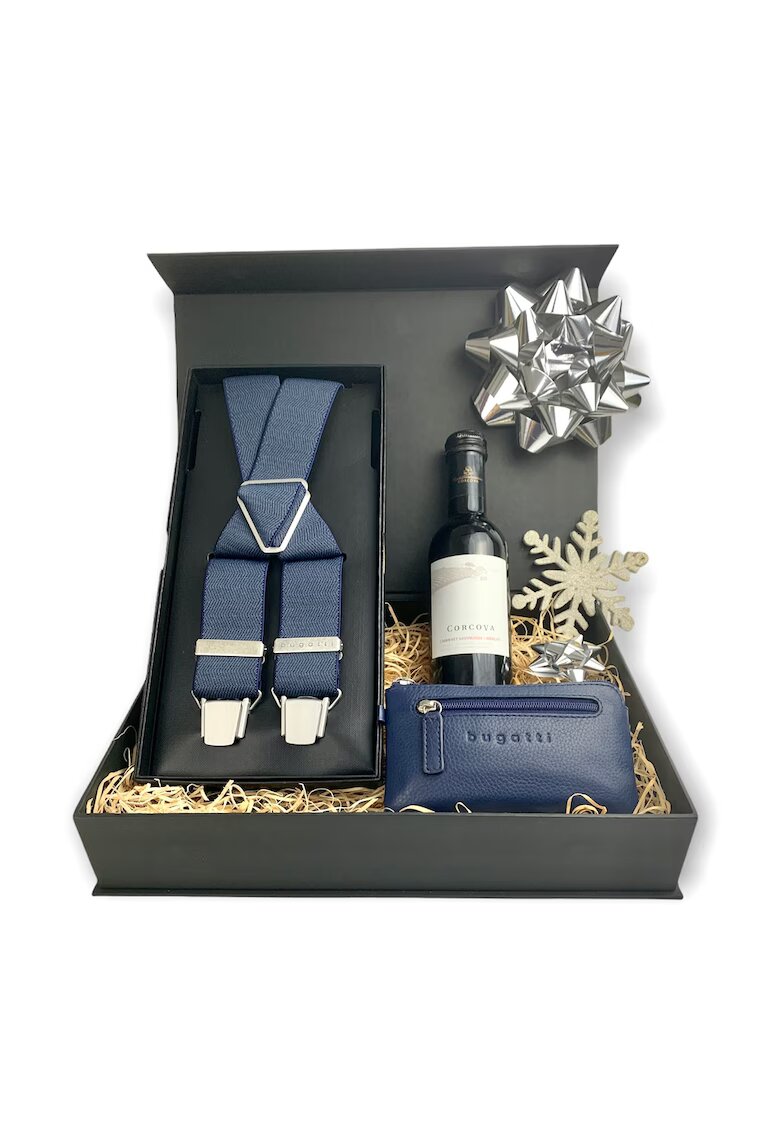 Bugatti Мъжки подаръчен комплект - 421277 - Blue Box - презрамки - портфейл от естествена кожа -