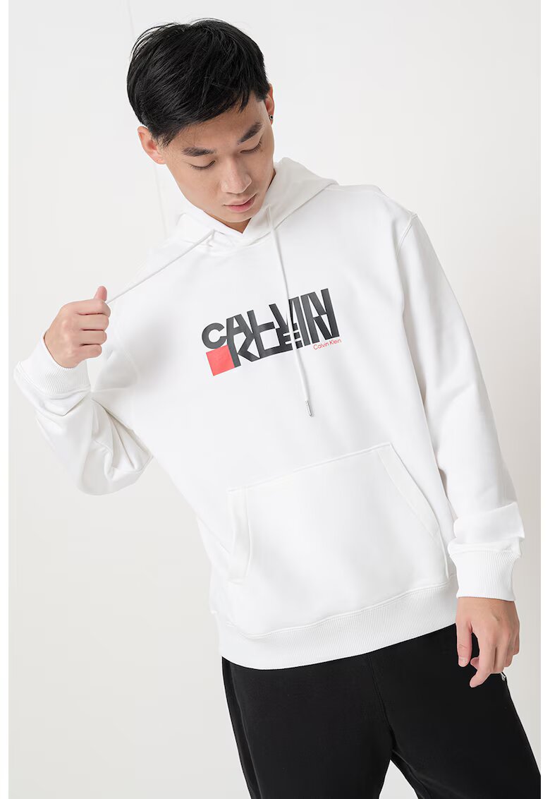 Calvin Klein Jeans Памучно худи с лого - Бял/Черен